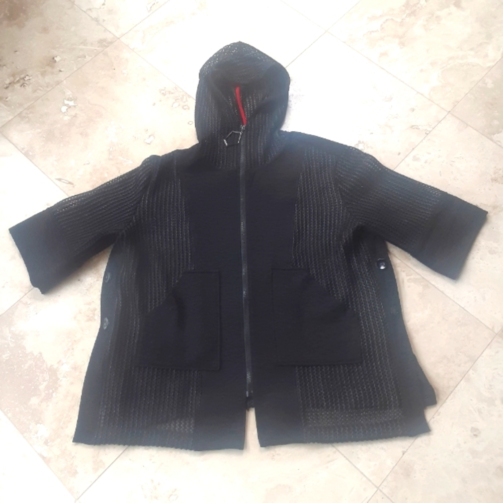 IC By Connie k Open Mesh Kit And Crepe Full Zip Front Hoodie With Pockets